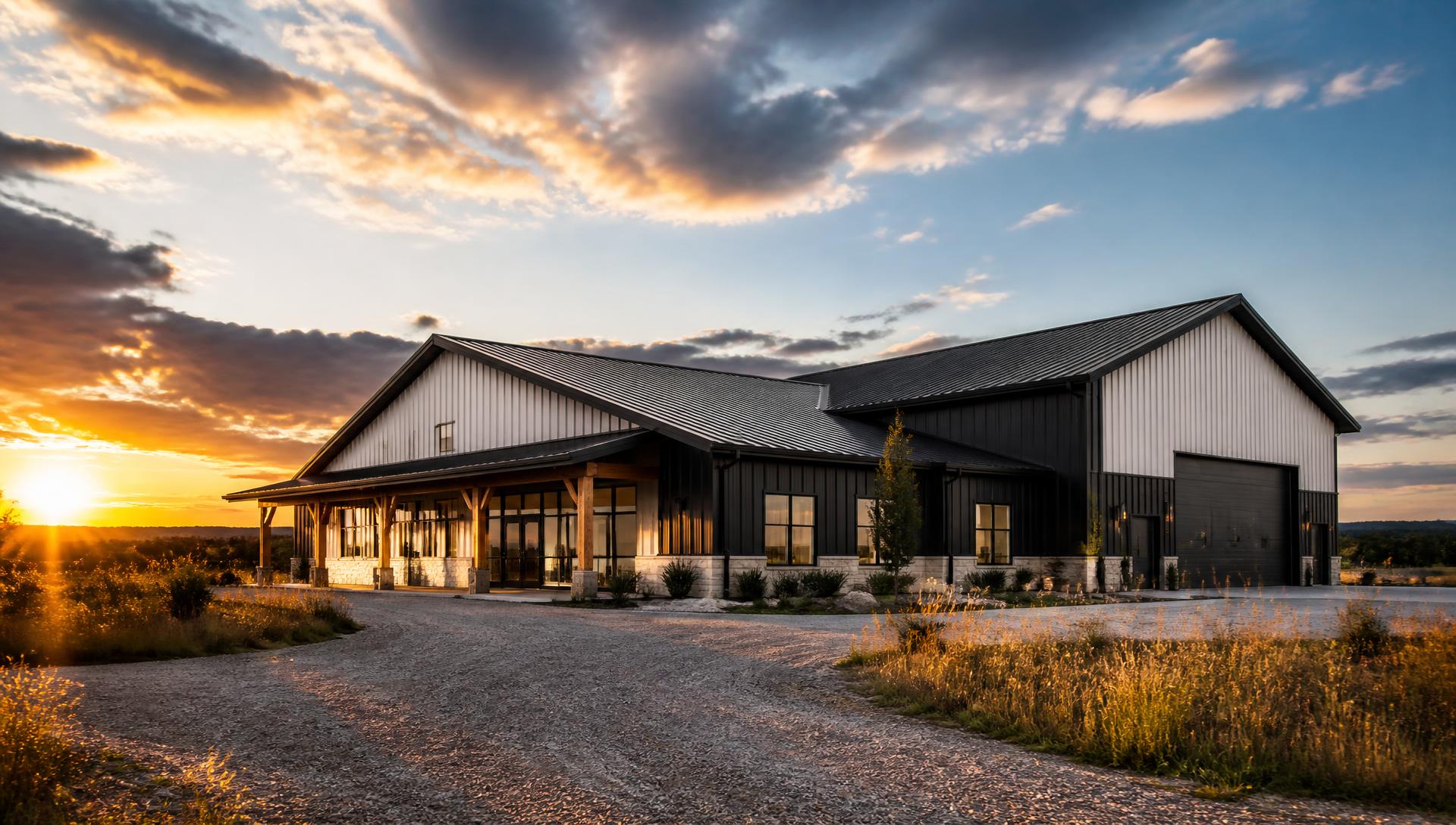 Custom black and white metal building at sunset on a Central Texas property