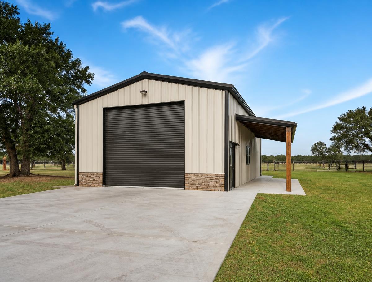 Enclosed metal workshop with roll-up door and lean-to near Waco, Texas